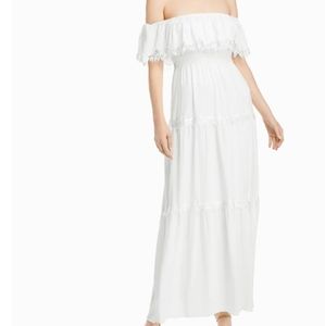 NWT Aqua Formal White Lace Trim Offshoulder Ruffle Maxi Evening Dress